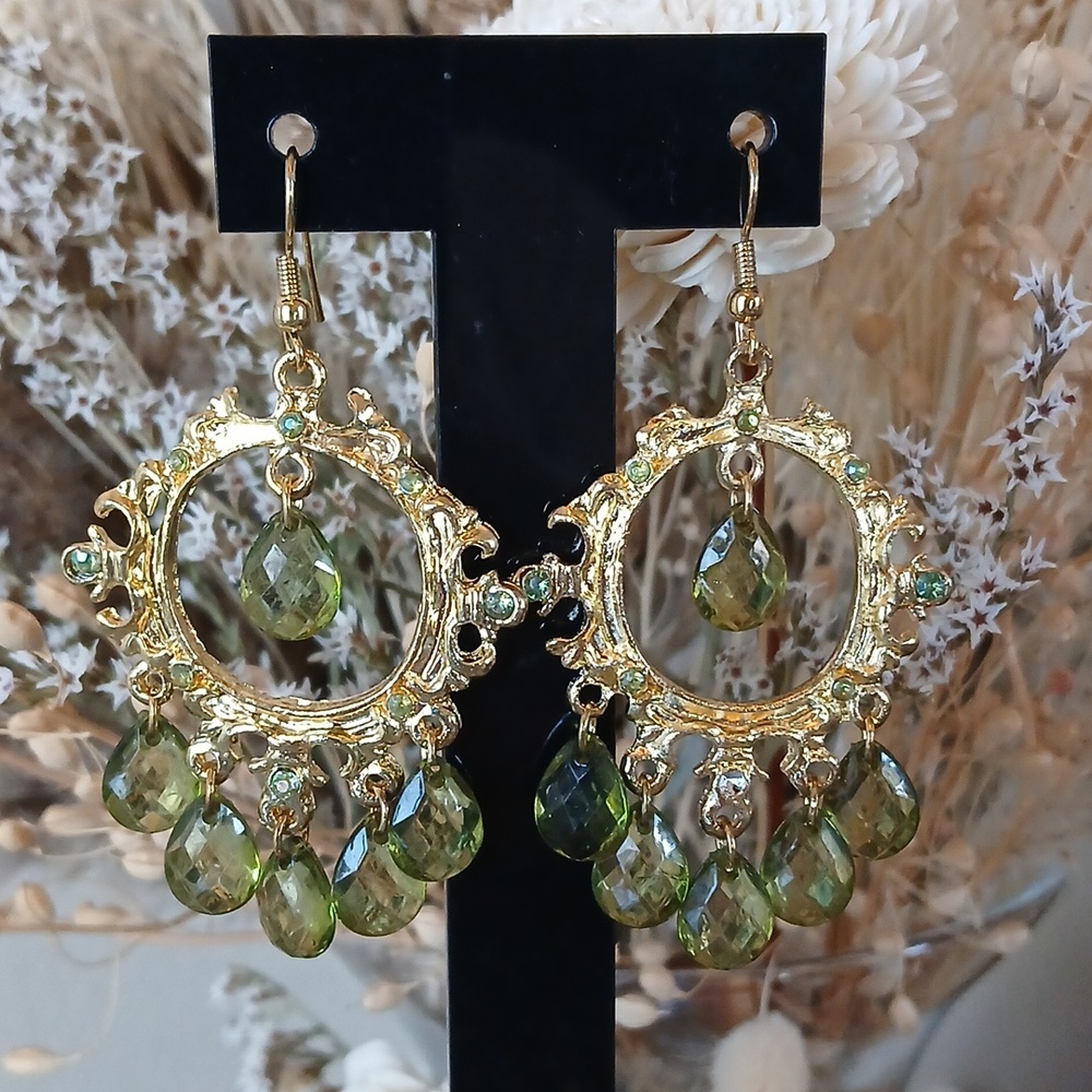 Gold And Olive Green Teardrop Crystal Chandelier Earrings Women's Formal Jewelry